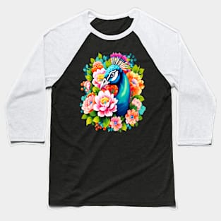 A Cute Peacock Surrounded by Bold Vibrant Spring Flowers Baseball T-Shirt